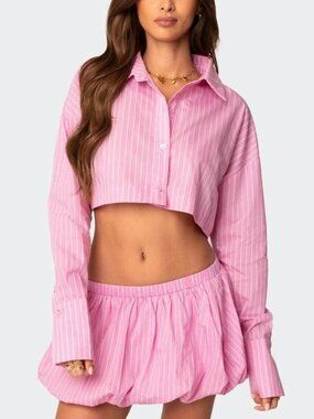 Edikted Pink Striped Cropped Oversized Button Up Shirt S NWT